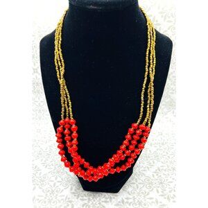 Handcrafted Beaded Necklace Red & Gold Tones Multi-Strand Twist Clasp 10.5”